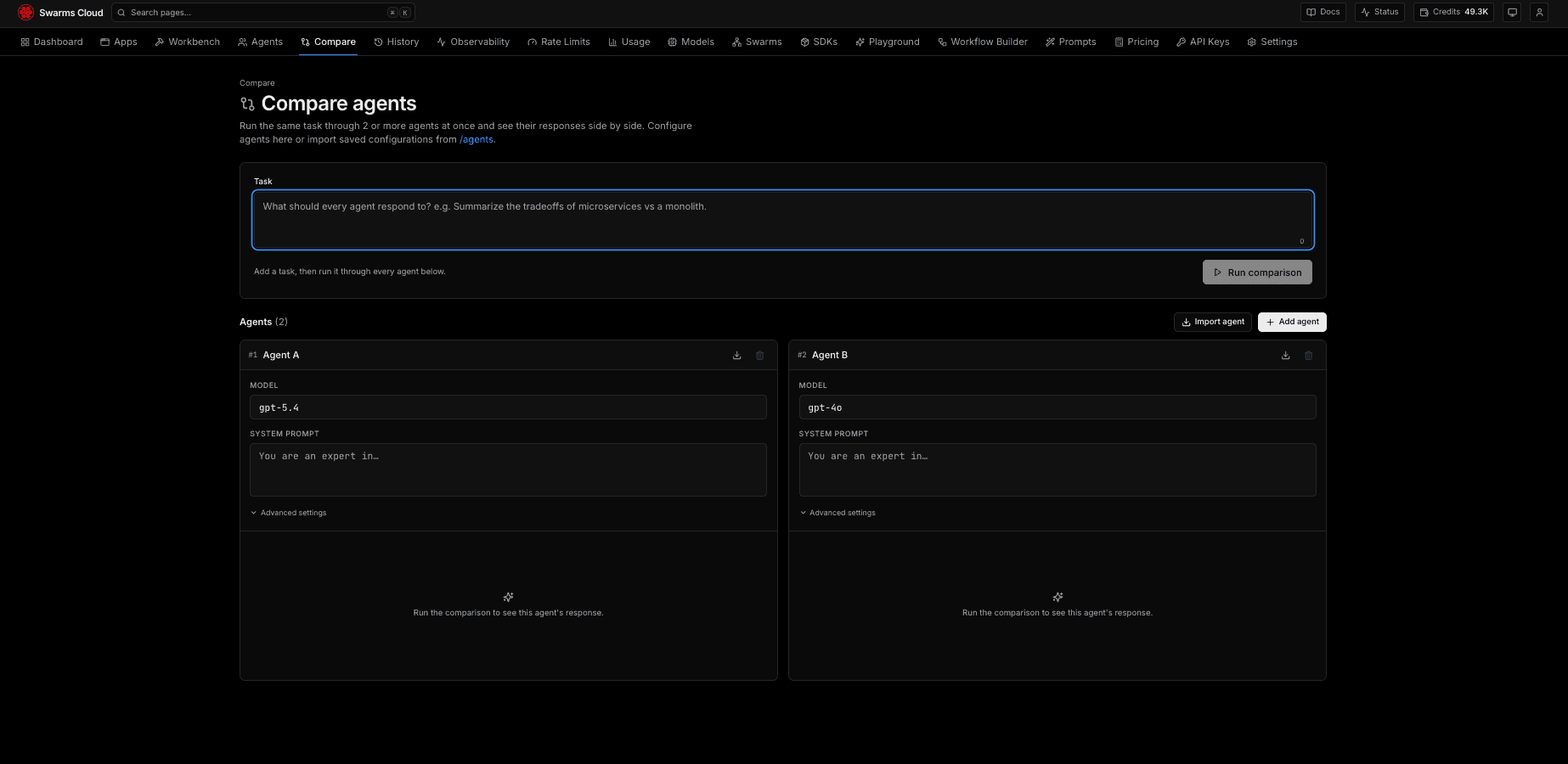 Compare Agents Side by Side on Swarms Cloud
